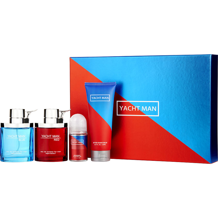 Blue Edt Spray 3.4 Oz & Red Edt Spray 3.4 Oz & Aftershave Balm 5 Oz & Deodorant Stick Roll On 1.7 Oz - Yacht Man By Myrurgia Blue Edt Spray 3.4 Oz & Red Edt Spray 3.4 Oz & Aftershave Balm 5 Oz & Deodorant Stick Roll On 1.7 Oz - Yacht Man By Myrurgia